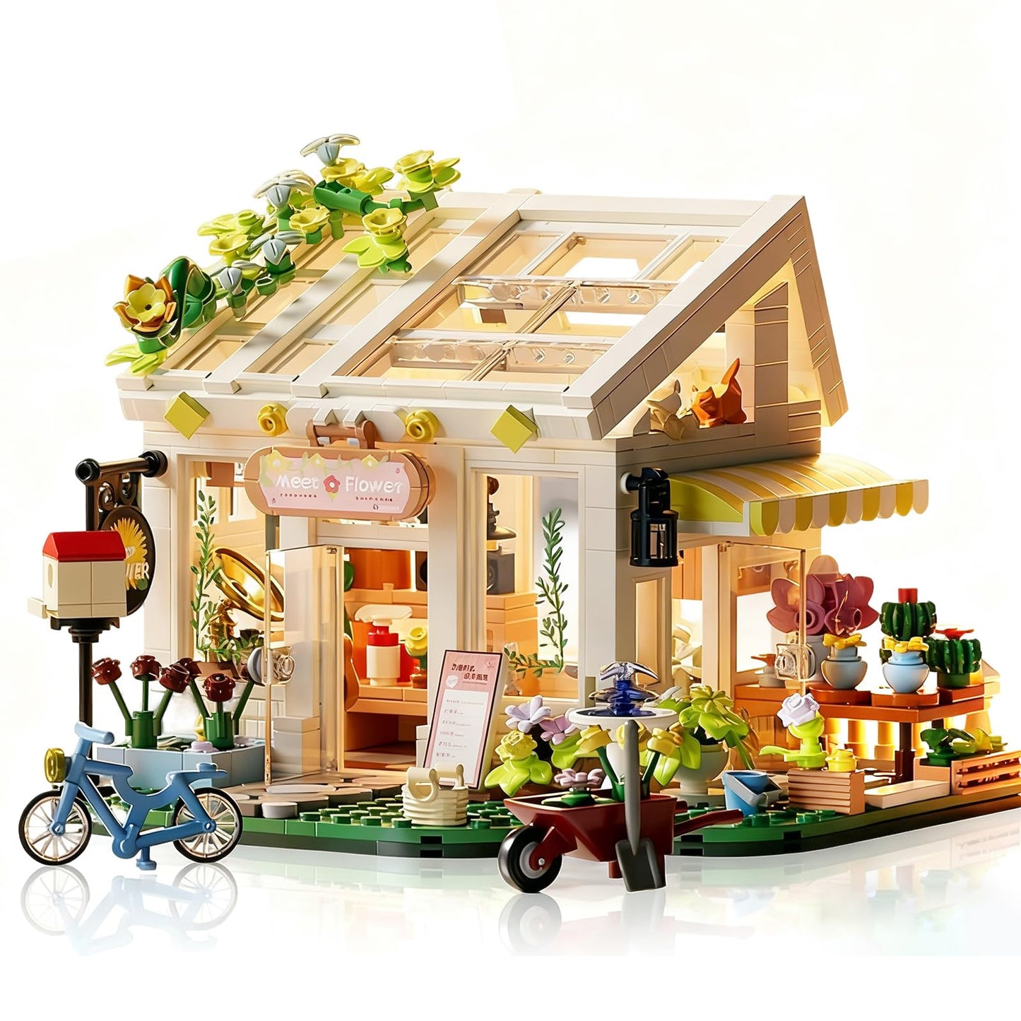 Flowers House Building Set with Lights, Garden Building Kits Sunshine Greenhouse Building Toy for Home Display Decoration Creative Greenhouse Playset