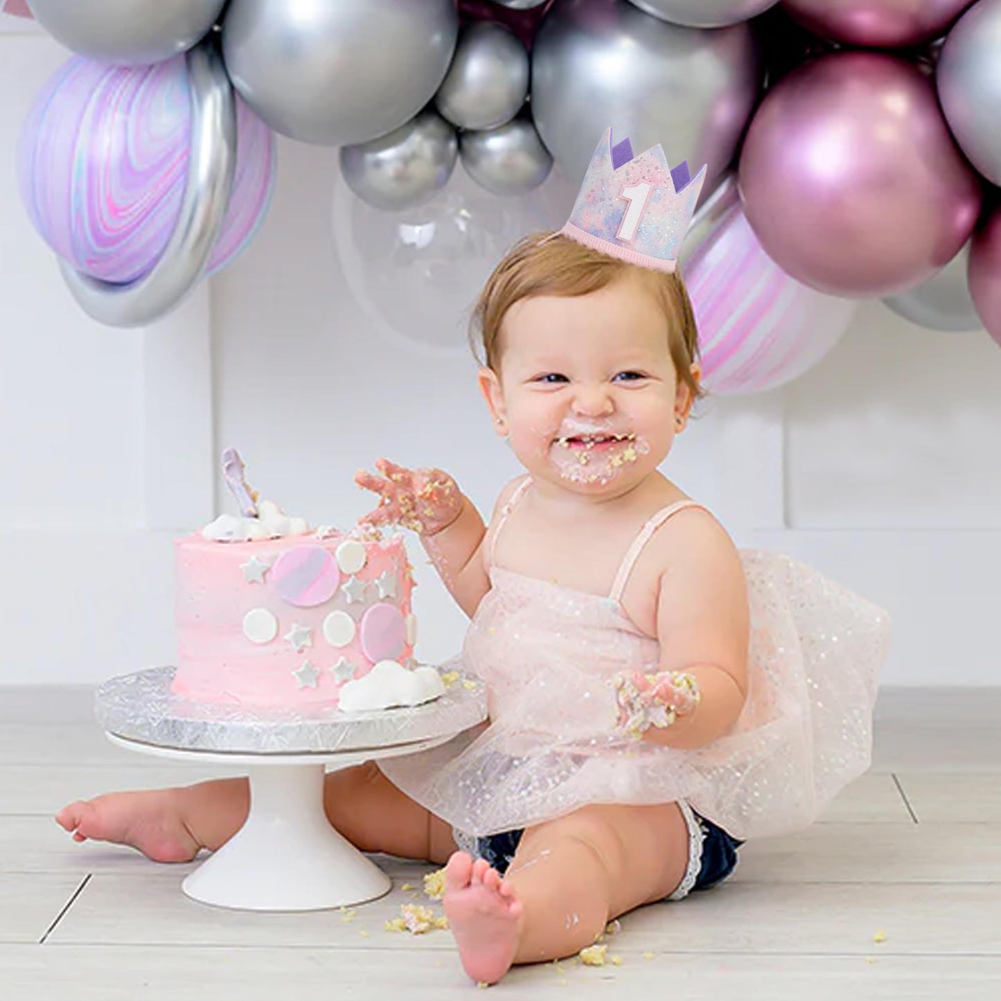 YOUAME Baby Girl First Birthday Decorations - Pastel Rainbow 1st Birthday Crown?Space Theme Cake Smash Party Hat,Pastel Rainbow Glitter Mini Party