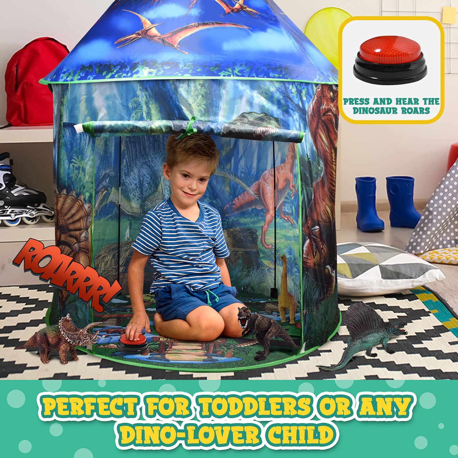 Dinosaur Pop Up Kids’ Play Tent by Toy to Enjoy - Perfect for Indoor & Outdoor. Dinosaur Camping Tent for Toddlers, Boys&Girls. Includes Remote