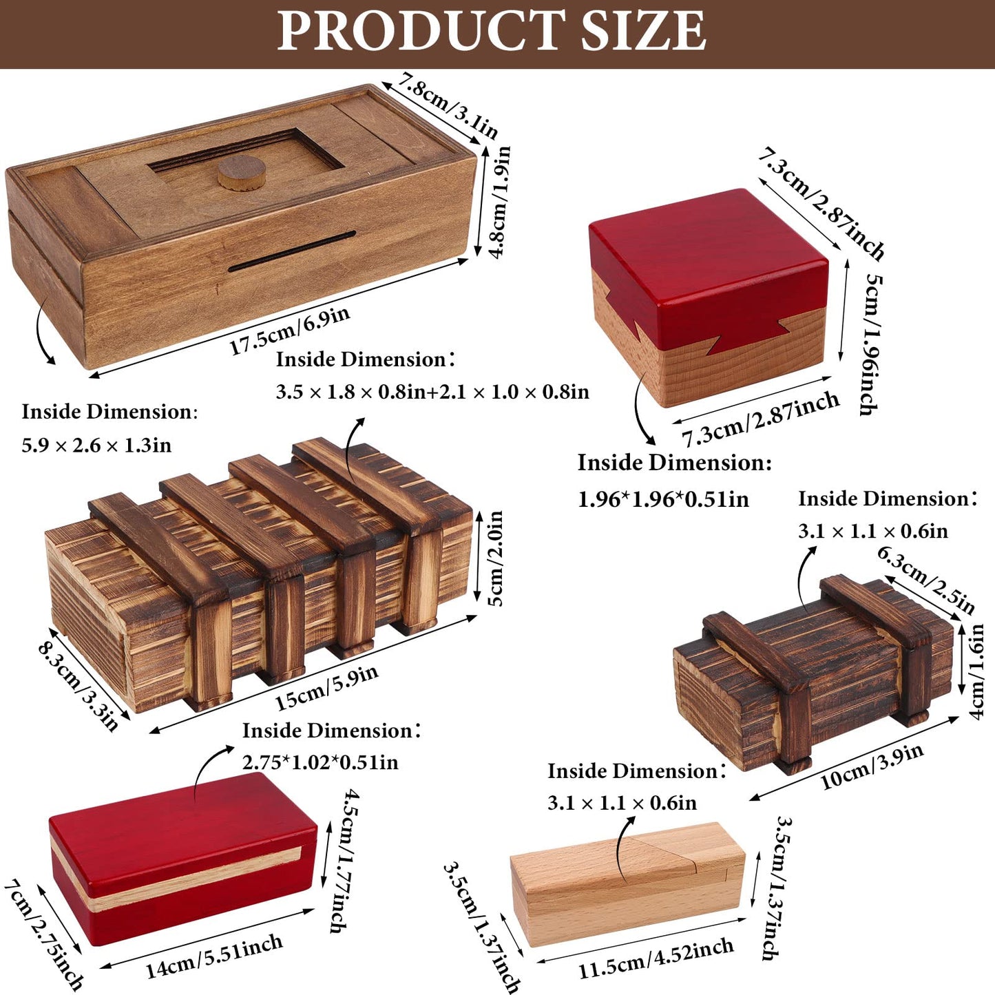 Puzzle Box 6 Pack Wooden Secret Puzzle Box with Hidden Compartment 3D Brain Teaser Magic Drawers Secret Magic Box Wooden Box Puzzle Case Difficult