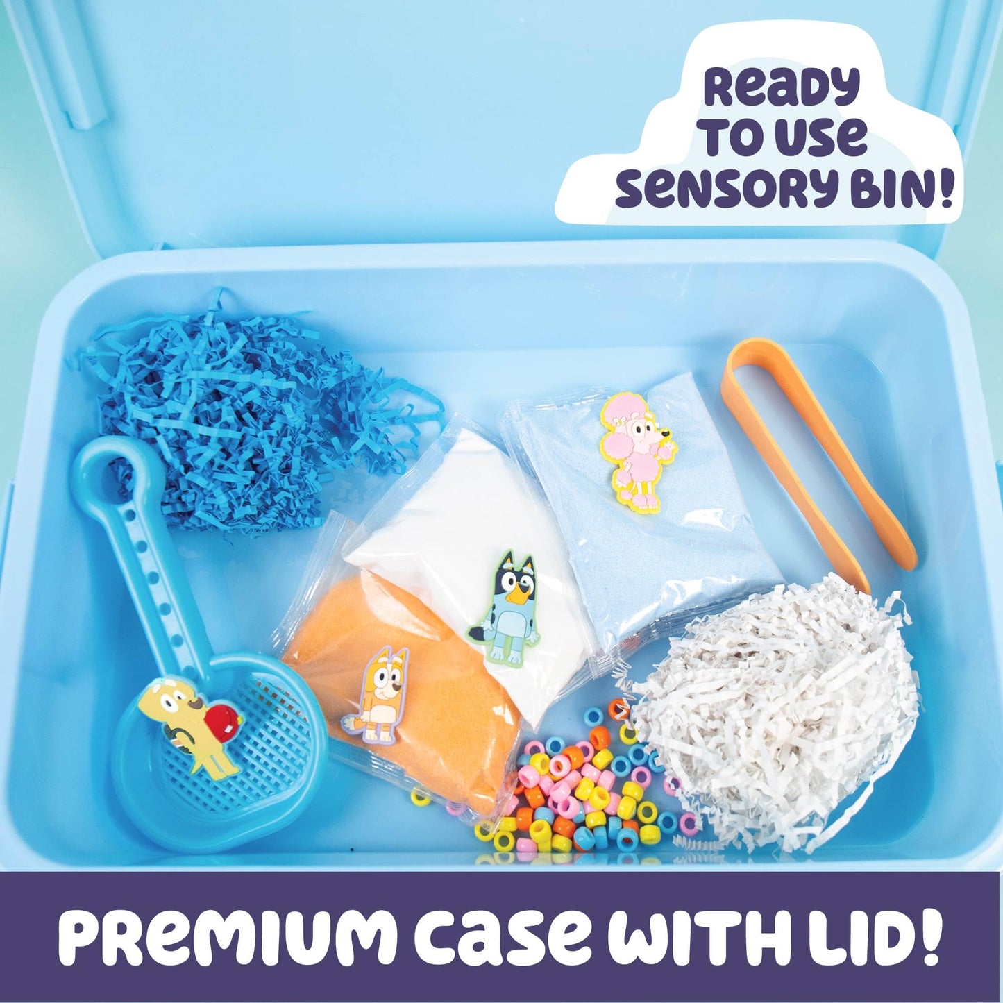 Official Bluey Seek & Find Sensory Bin, Ready-to-Use Sensory Toys, Sensory Bin for Kids with Lid, Play Sand, Scoops & Tongs, Exclusive Toys