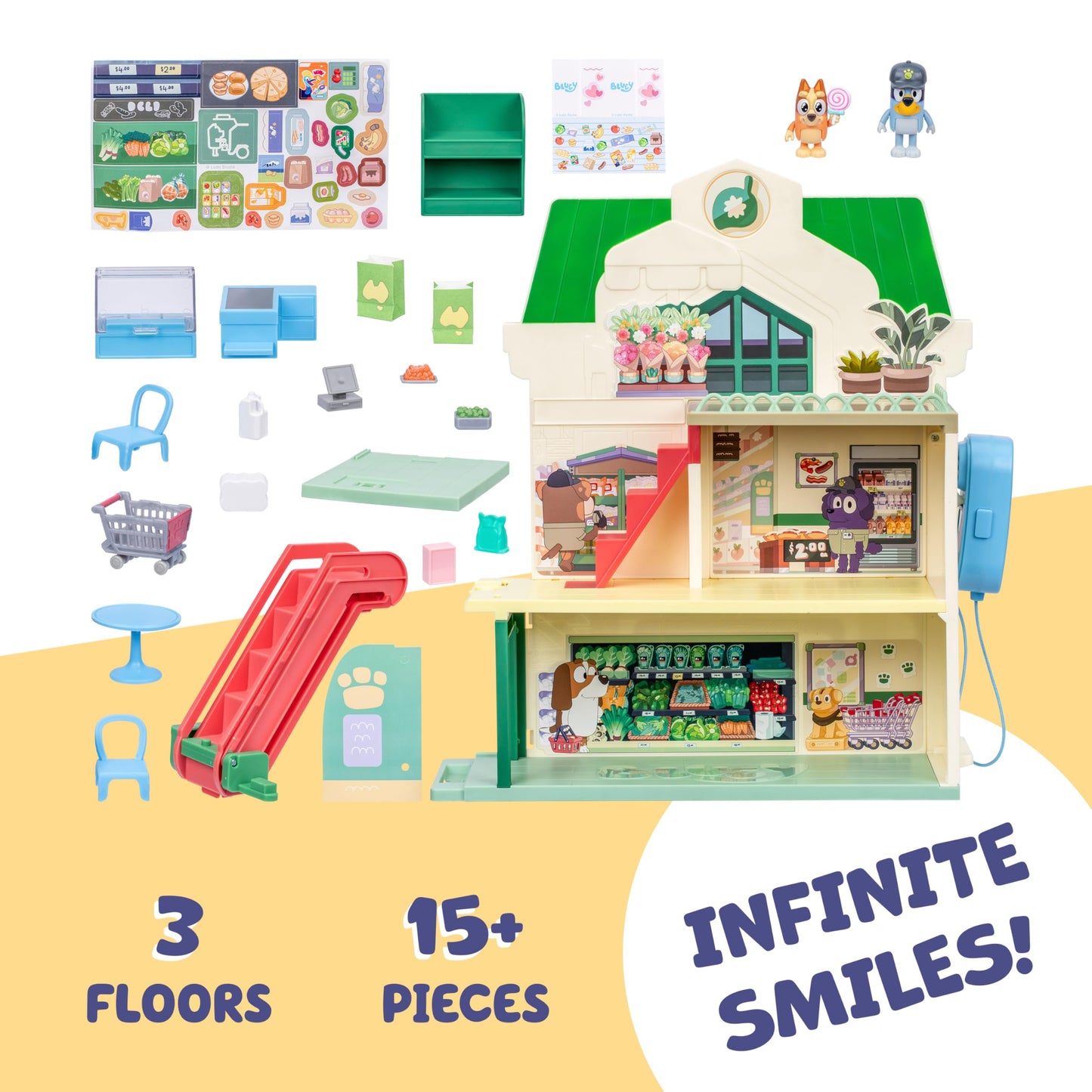Bluey and Bingo Supermarket Playset, Escalator & Sounds, 15 Pieces