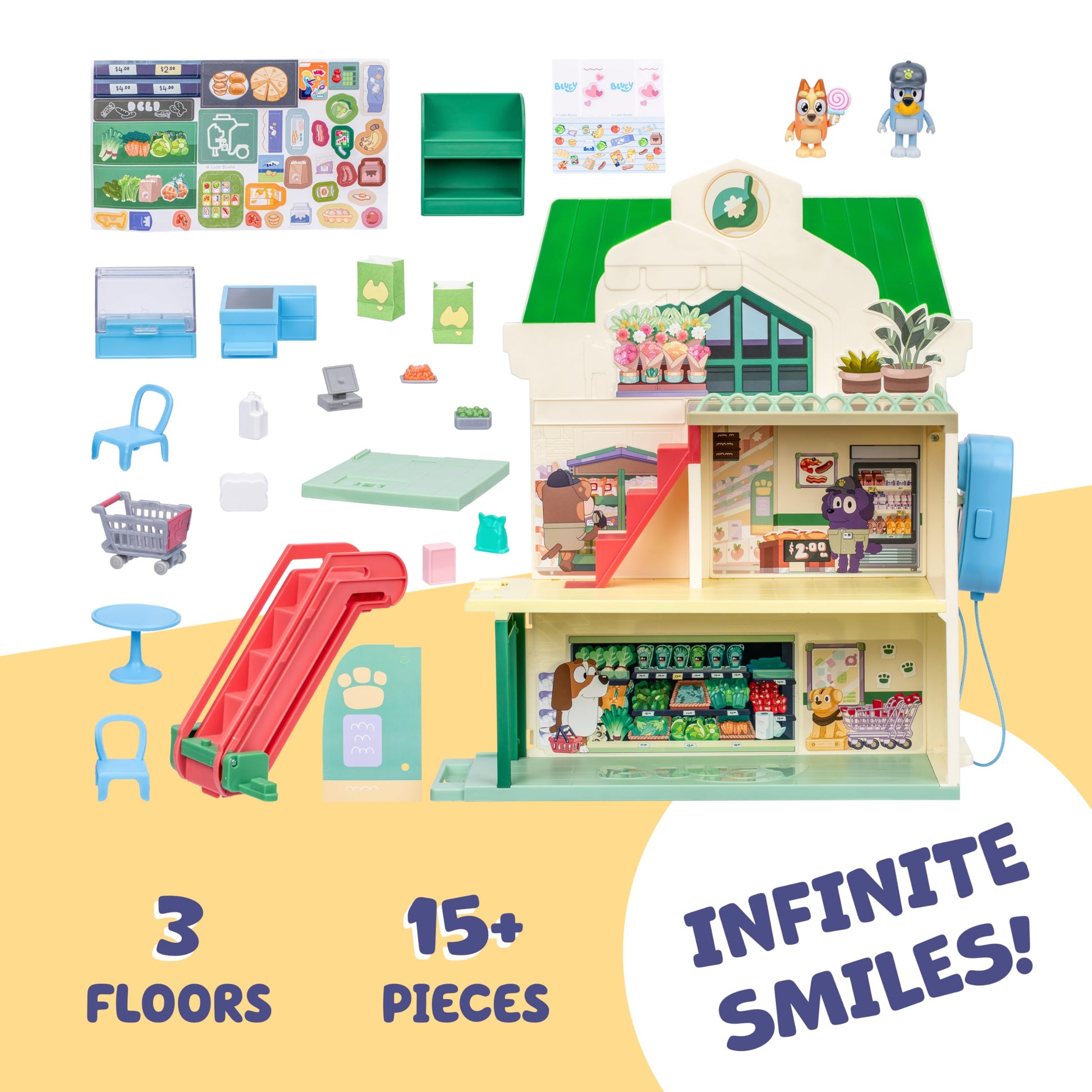Bluey and Bingo Supermarket Playset, Escalator & Sounds, 15 Pieces
