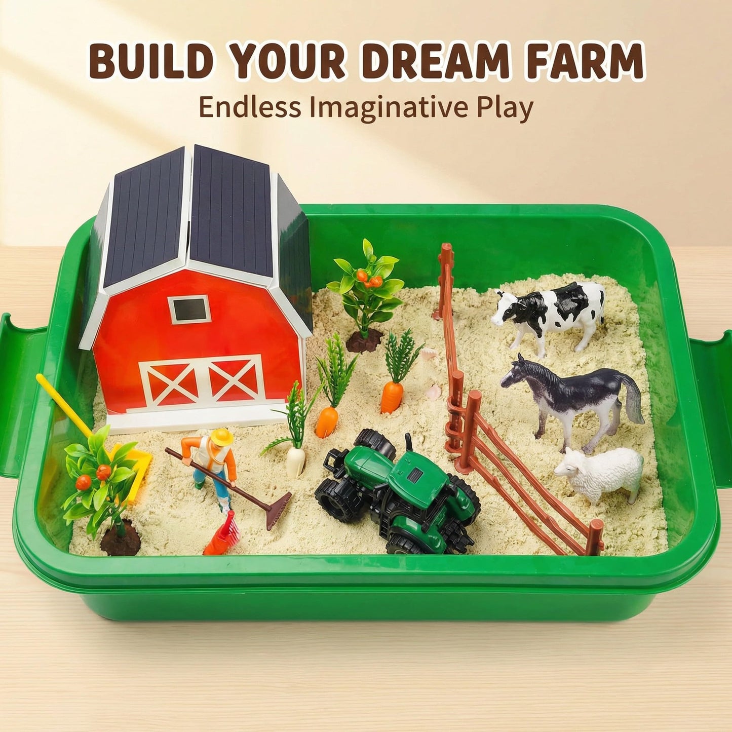 Carolart Farm Sensory Bin with Sensory Sand, Barn Toys & Tractor