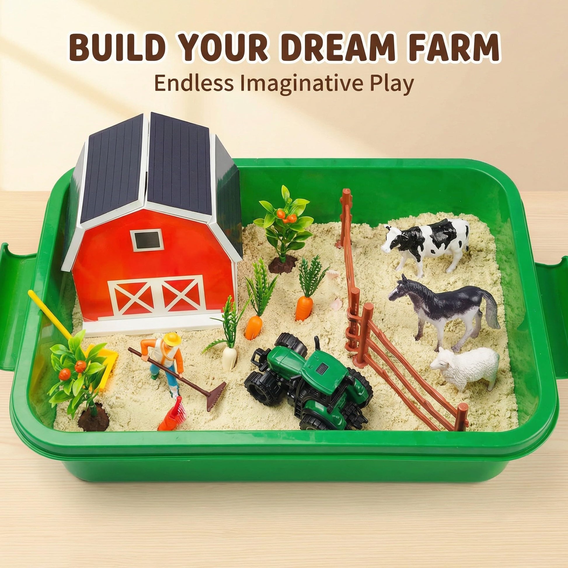 Carolart Farm Sensory Bin with Sensory Sand, Barn Toys & Tractor