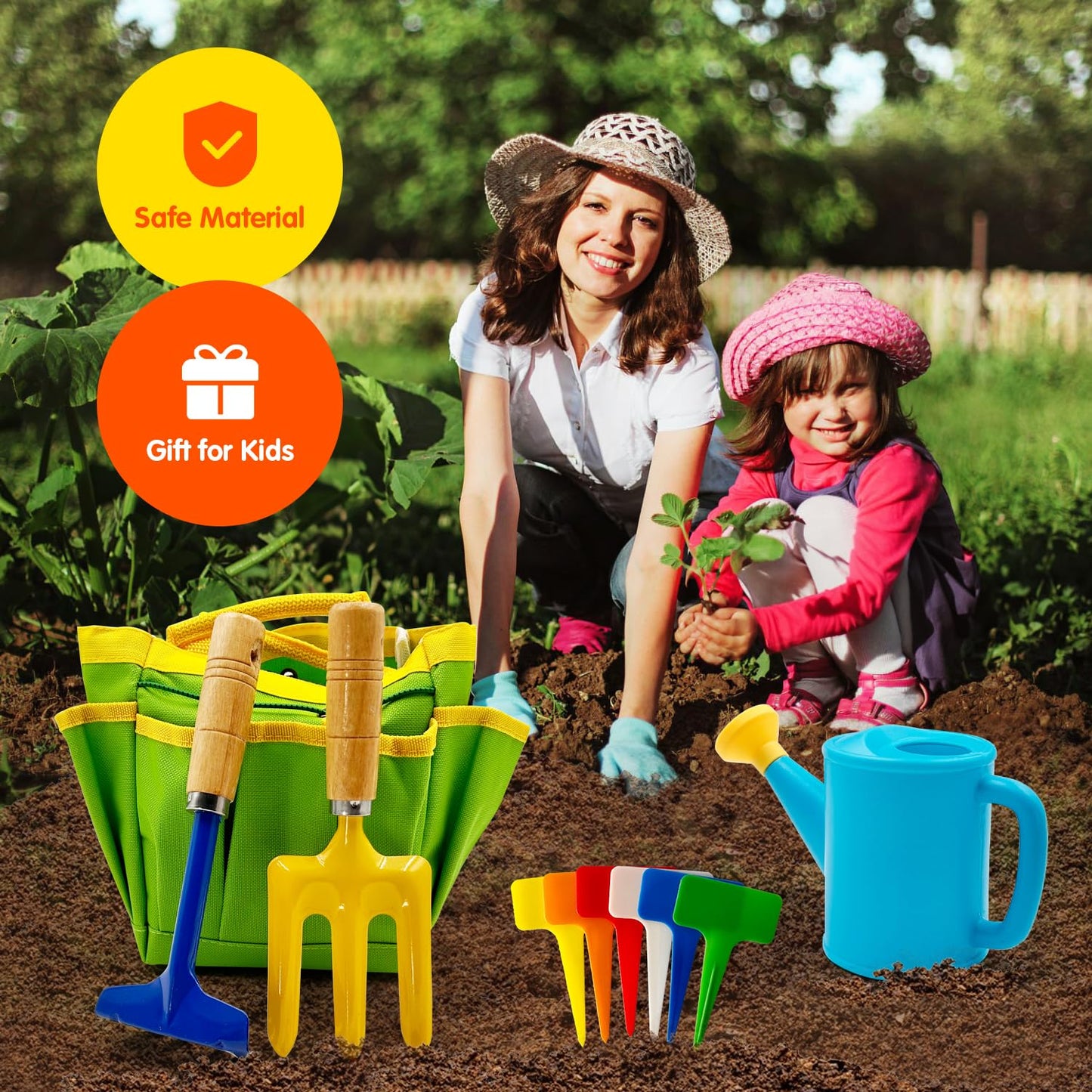 Kids Gardening Tools Set Includes Toddler Gardening Gloves, Sturdy Tote Bag, Watering Can, Shovel, Rake, Trowel, Children Apron, Garden Notebook