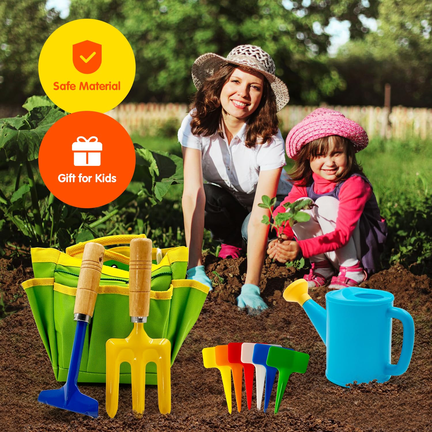 Kids Gardening Tools Set Includes Toddler Gardening Gloves, Sturdy Tote Bag, Watering Can, Shovel, Rake, Trowel, Children Apron, Garden Notebook