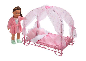Badger Basket Elegant Royal Carriage Bed for 18-Inch Dolls with Canopy, Bedding, and LED Lights - Pink and White Stars