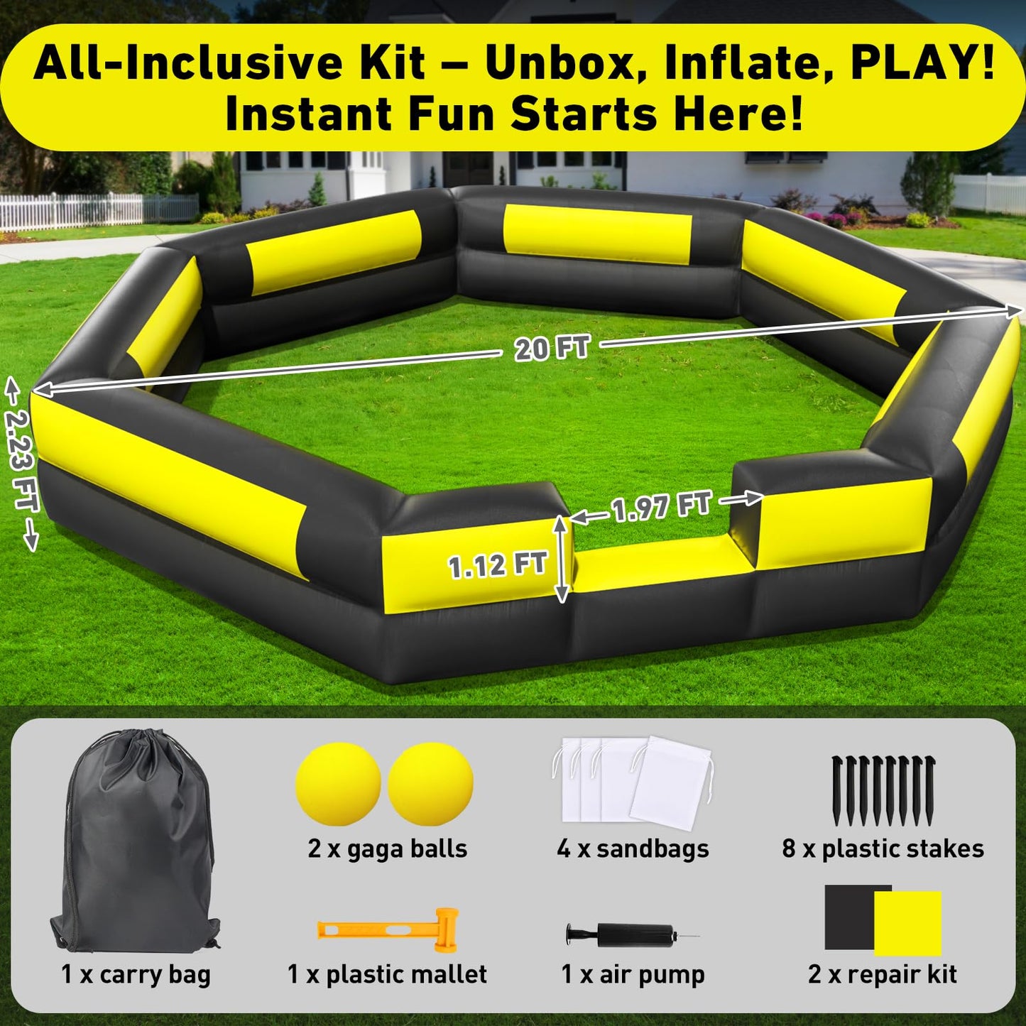 Inflatable Gaga Ball Pit 20FT, Portable Gaga Ball Pit Kit