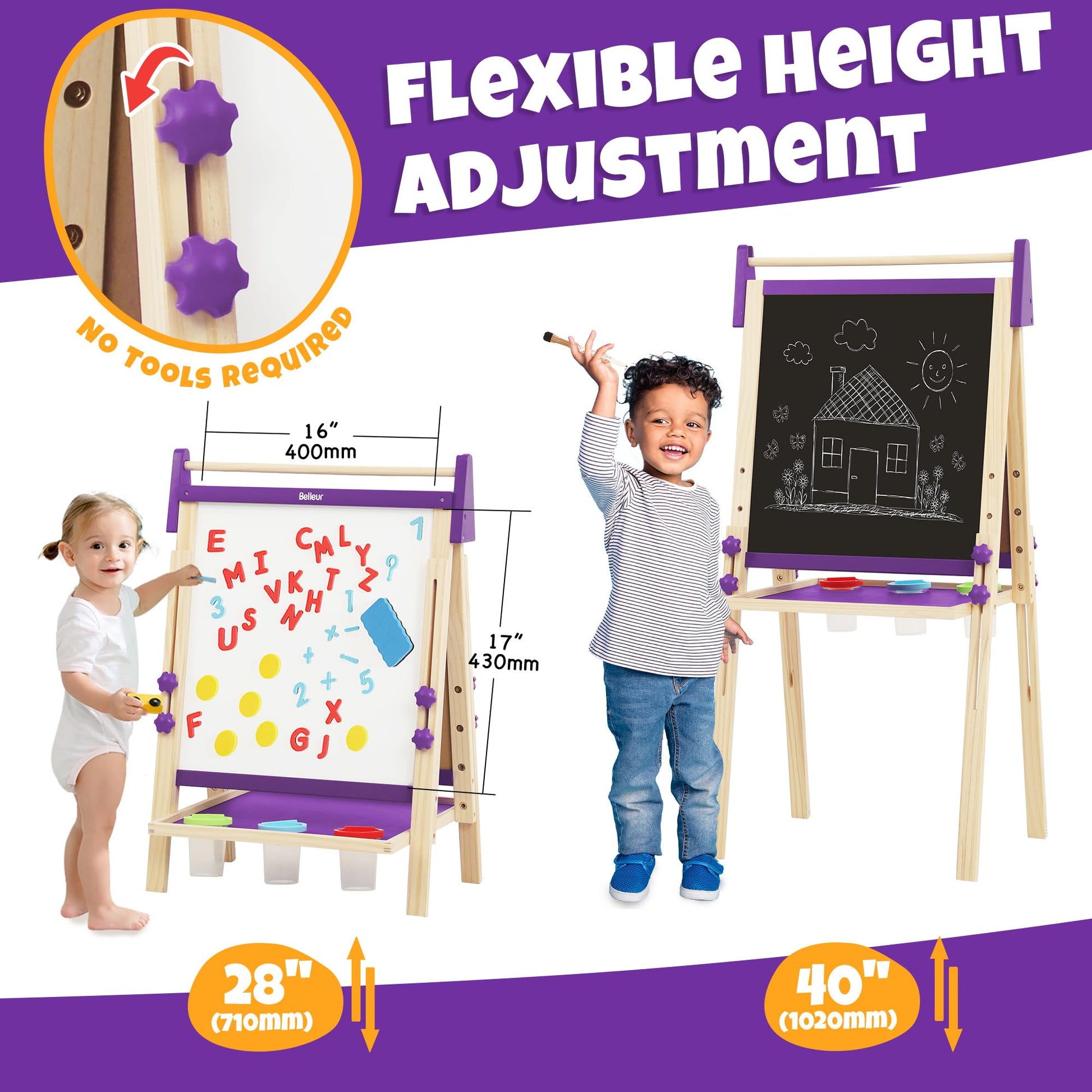 Belleur Wooden Art Easel for Kids 2+, Adjustable Double Sided Easel for Toddlers with Dry-Erase Board & Magnetic Whiteboard & Paper Roll Rod, 28"-40"