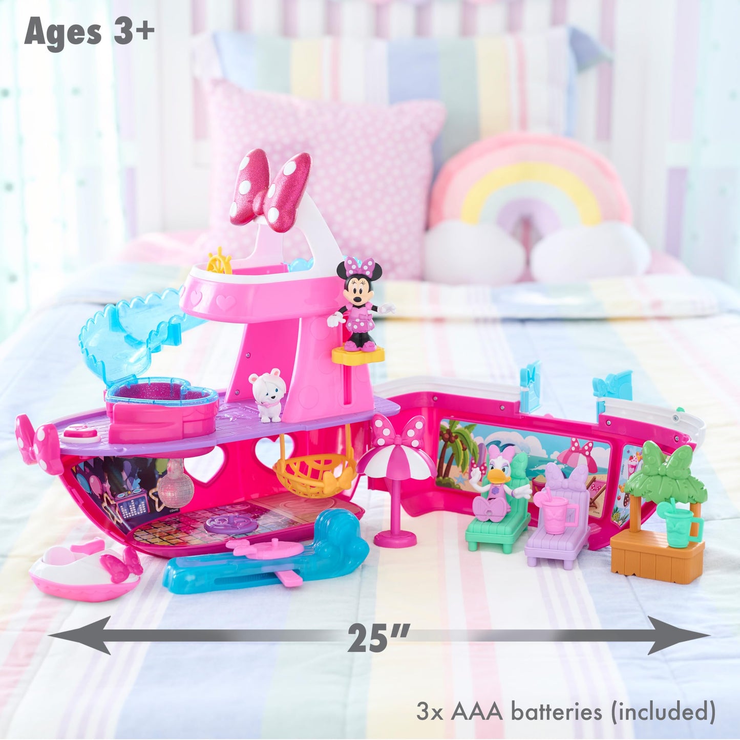 Disney Junior Minnie Mouse Bowdazzling Yacht, Lights and Sounds, 16-piece Playset with Figures, Pink, Boat, Bonus Pieces, Kids Toys for Ages 3 Up by