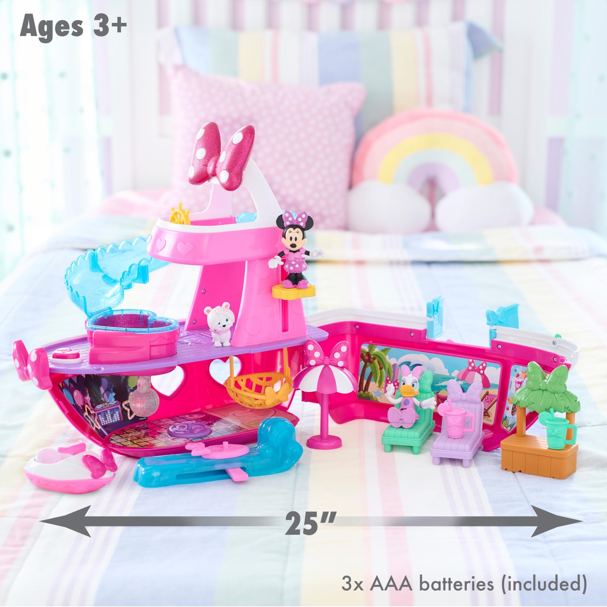 Disney Junior Minnie Mouse Bowdazzling Yacht, Lights and Sounds, 16-piece Playset with Figures, Pink, Boat, Bonus Pieces, Kids Toys for Ages 3 Up by