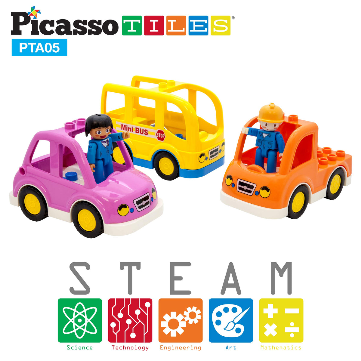 PicassoTiles Magnetic Figures 5 Piece Vehicle and Action Figure Set Including School Bus, Car, Truck and 2 Drivers Magnet Expansion Pack Toddler Toy