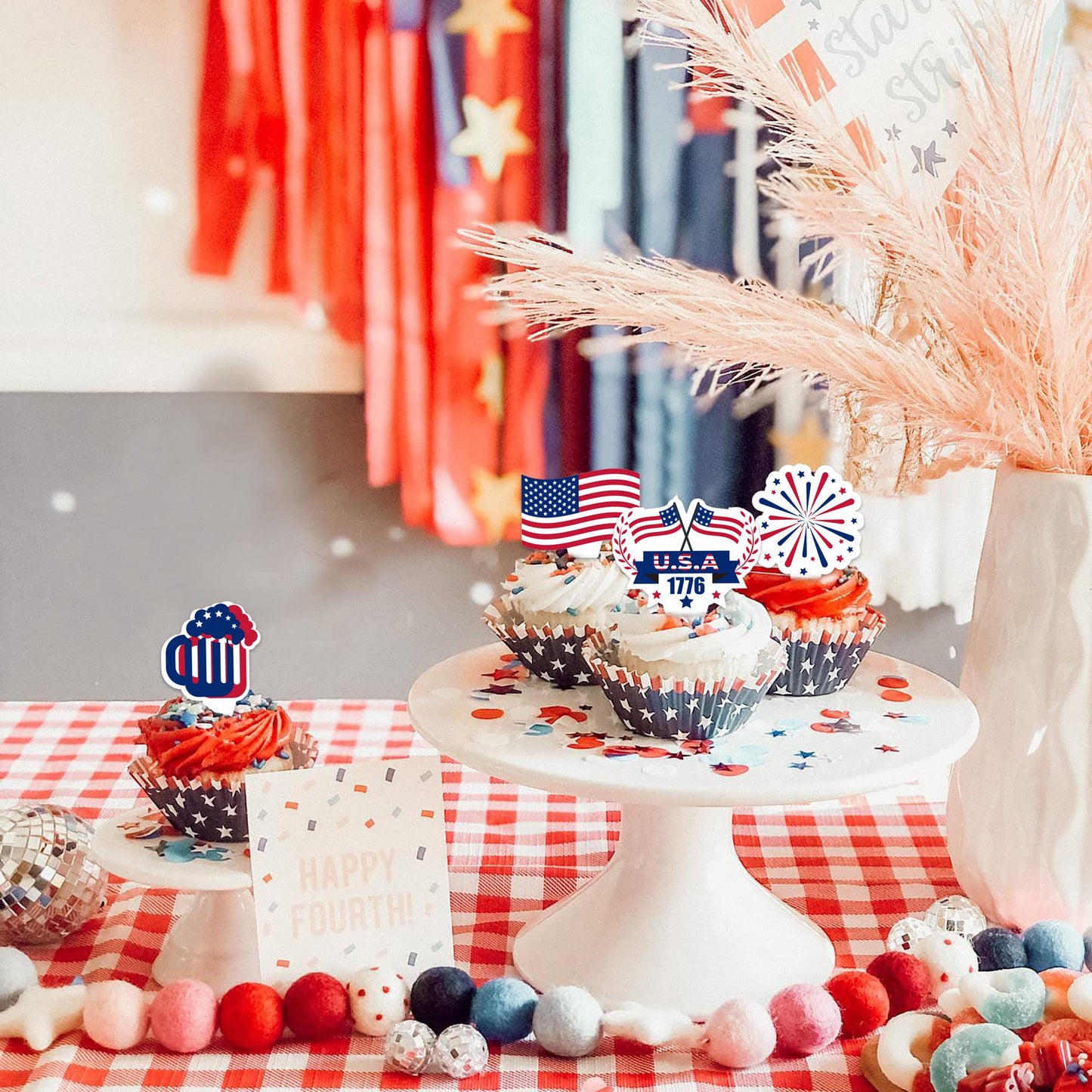 72pcs 4th of July Cupcake Toppers, Patriotic Toothpicks Decorations for 4th of July Independence Day Party Supplies Favor Cake Topper