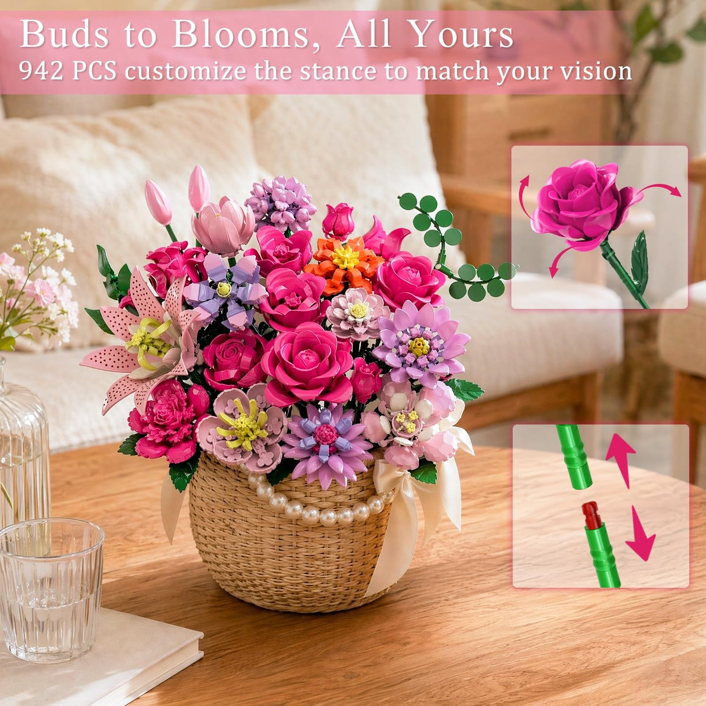 Utbttor LED Flower Bouquet Building Set, 23 Styles Artificial Botanical Blocks, 924 PCS DIY Flower Collection Table Decor Gift for Women & Girls