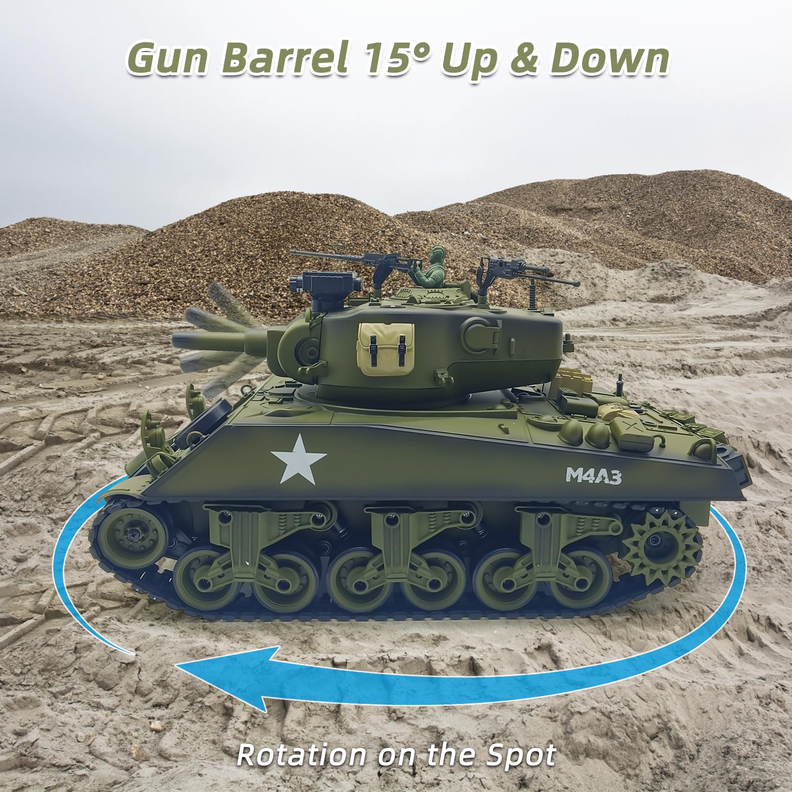 fisca Remote Control Tank, 2.4Ghz 15 Channel 1/20 Sherman M4A3 Main Battle RC Tank that Shoot BBS Airsoft for Kids Age 10 11 12-16 Year Old