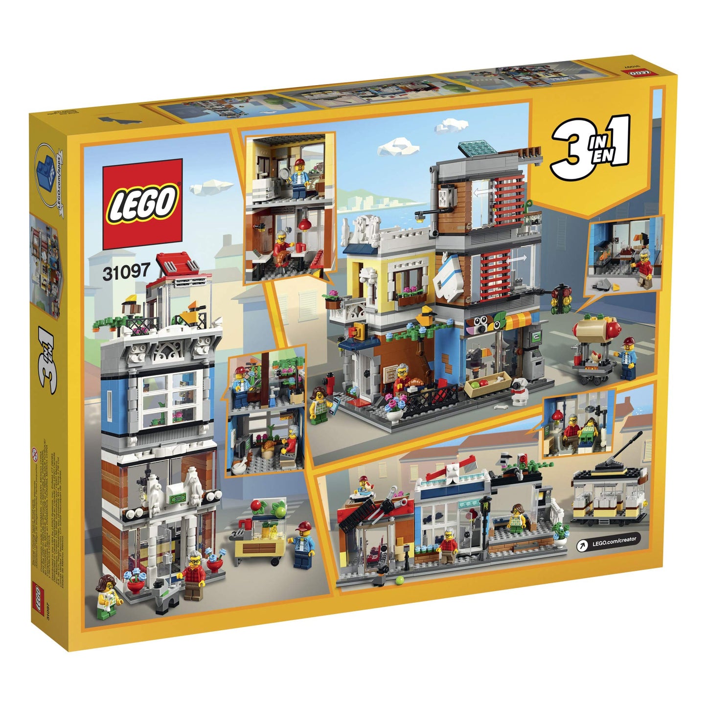LEGO Creator 3 in 1 Townhouse Pet Shop & Café 31097 Toy Store Building Set with Bank, Town Playset with a Toy Tram, Animal Figures and Minifigures