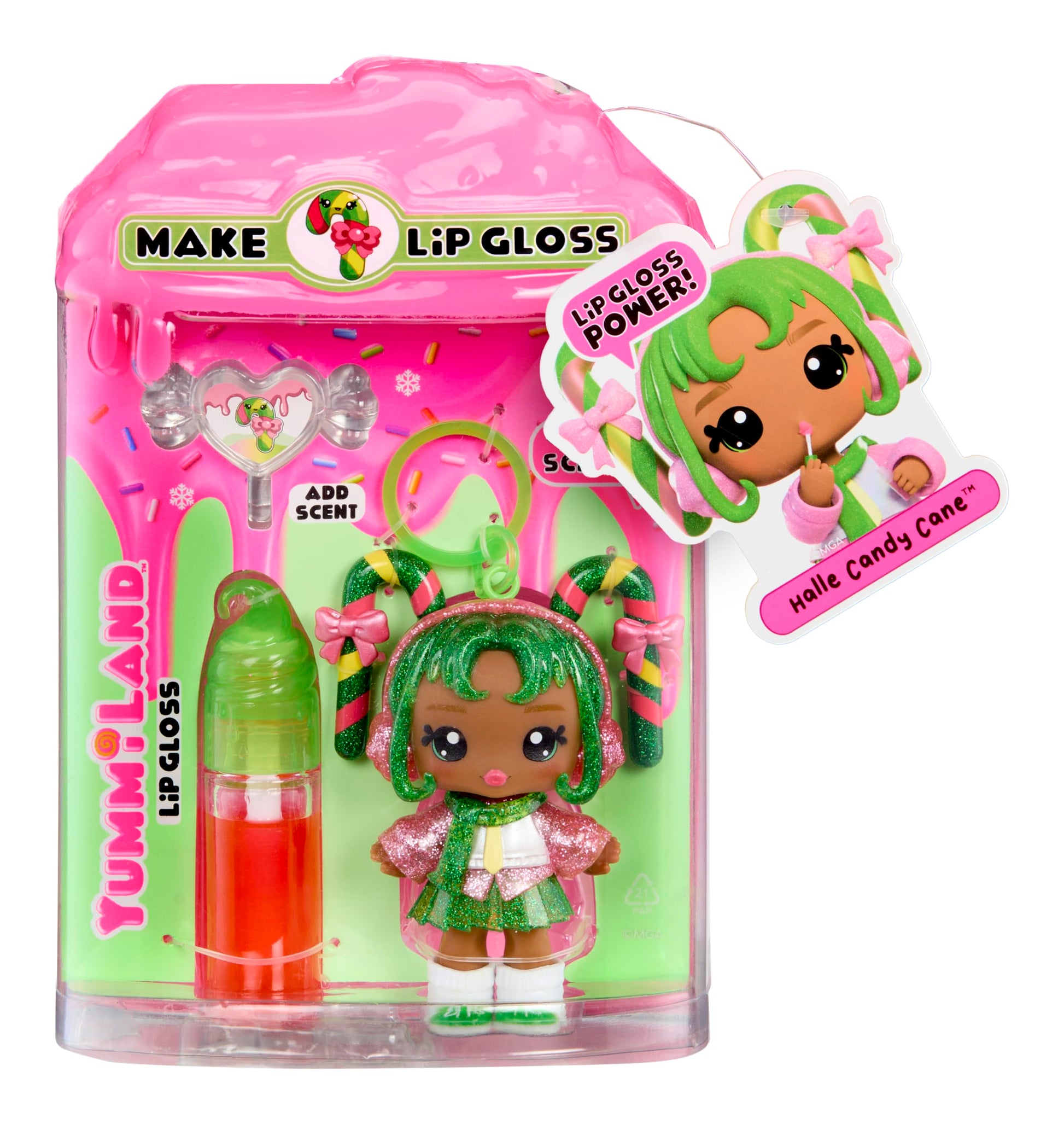Yummiland x Holiday Lip Gloss Doll - Halle Candy Cane Includes DIY Lip Gloss + Keychain, Cosmetic Play, Seasonal Holiday Collectible, Gift, Ages 4+