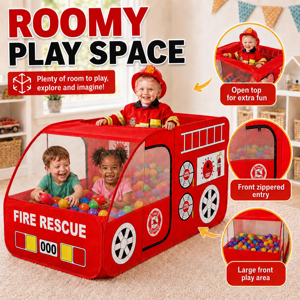 Kiddey Fire Truck Play Tent for Kids - Firetruck Tents with Sirens and Fireman Sound Button for Girls, Boys, & Toddlers Gifts - Red Fire Engine Pop Up