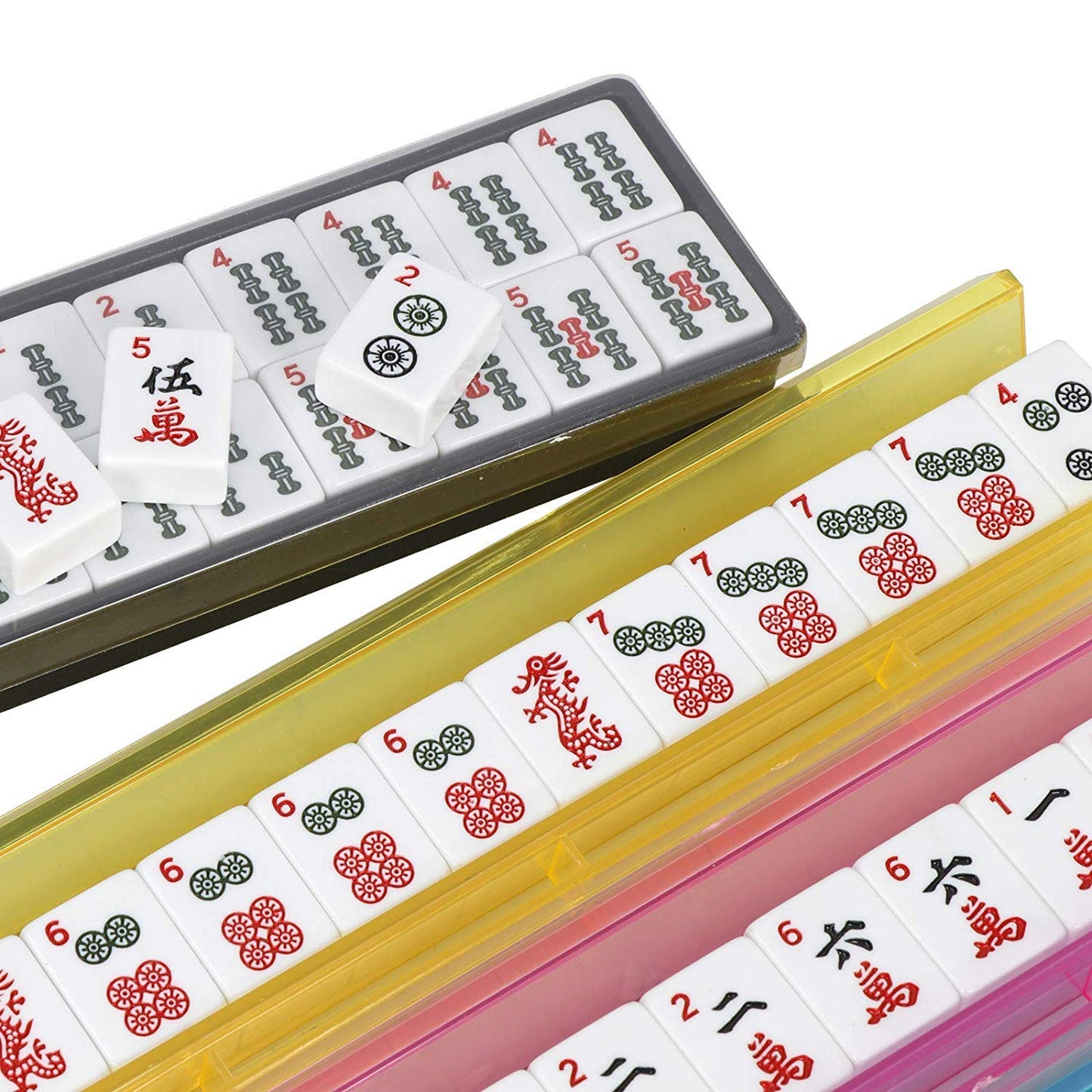 HNDTEK American Mahjong Set 166 Tiles, 4 Colors All-in-One Rack/Pushers, Red Soft Bag and Accessories -Classic Full Size Complete Mahjong Set.