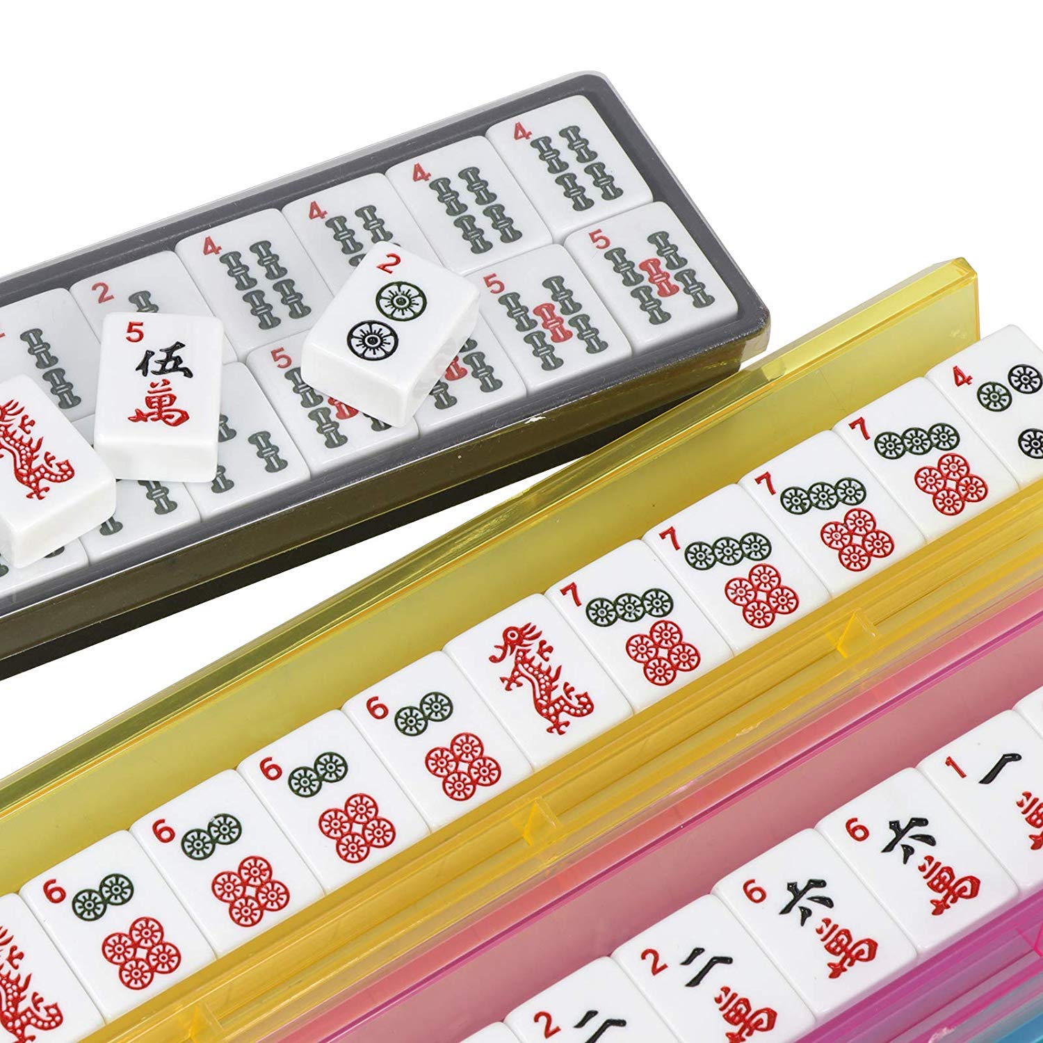 HNDTEK American Mahjong Set 166 Tiles, 4 Colors All-in-One Rack/Pushers, Red Soft Bag and Accessories -Classic Full Size Complete Mahjong Set.