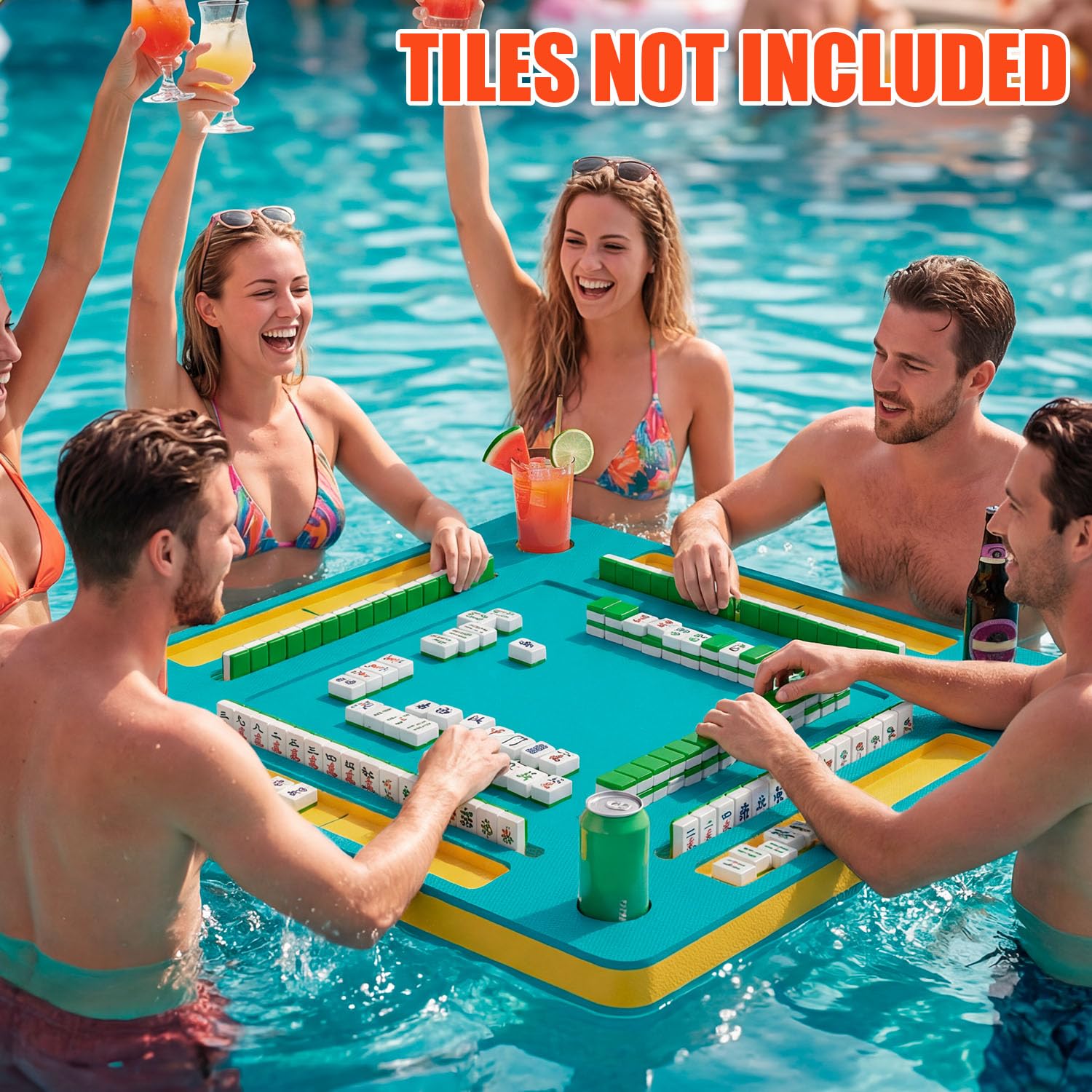 Floating Mahjong Table for Pool - 33.5in Foldable Water Game Table for Card Games & Tile Games - Portable Swimming Pool and Hot Tub Float Board Game