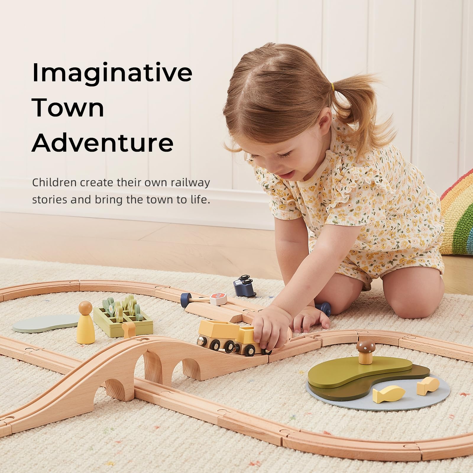 OOOK Multi-Scenario Wooden Train Set,All Wood Accessories Train Set for Toddlers 3 Years Old, Multi-Scenario Train Toy for 3 4 5 Years Old Girls