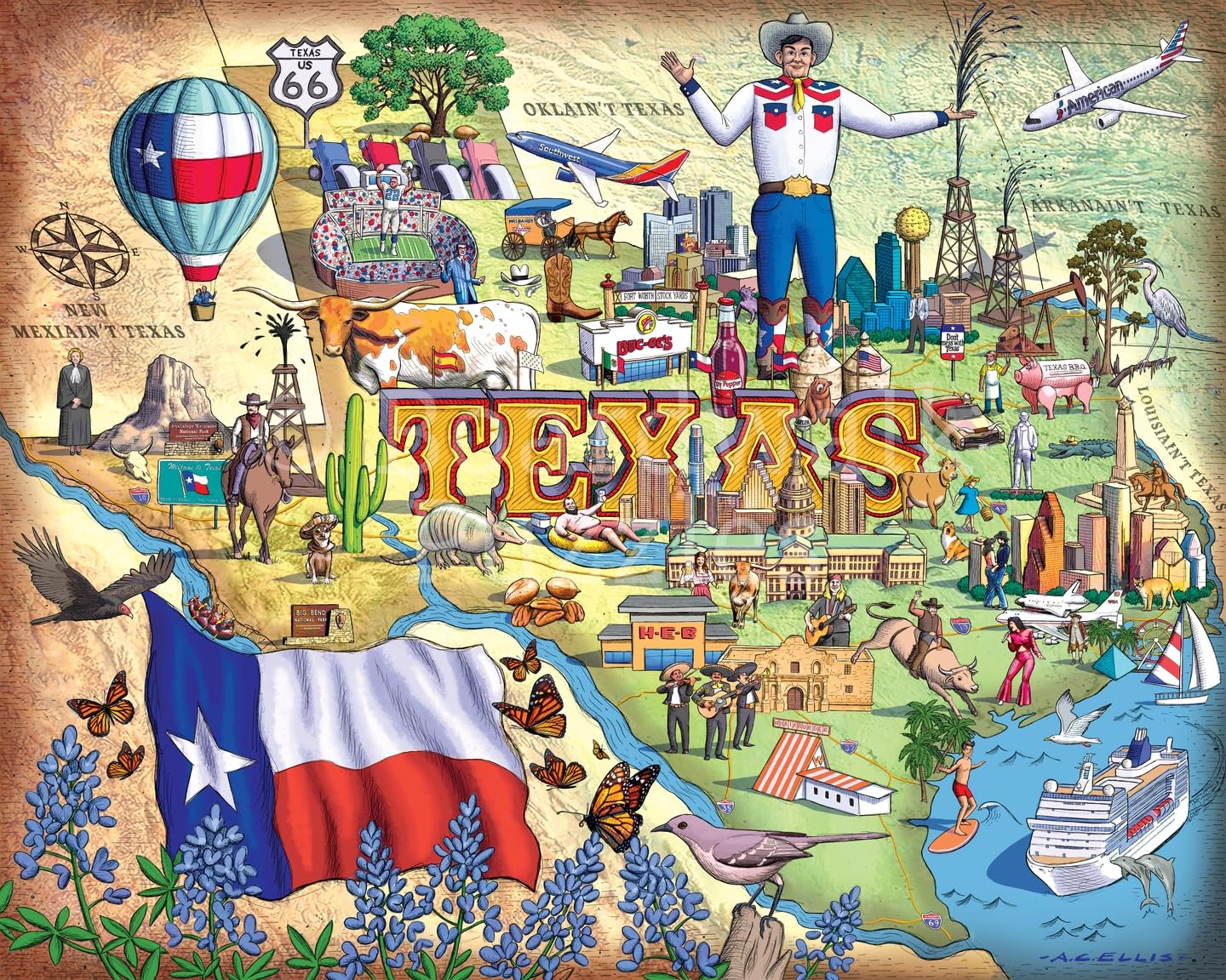 Boardwalk Big Texas 210 Piece Personal Puzzle, Jigsaw Puzzles with Premium Box, Texas Gifts for Adults, 6"x8"