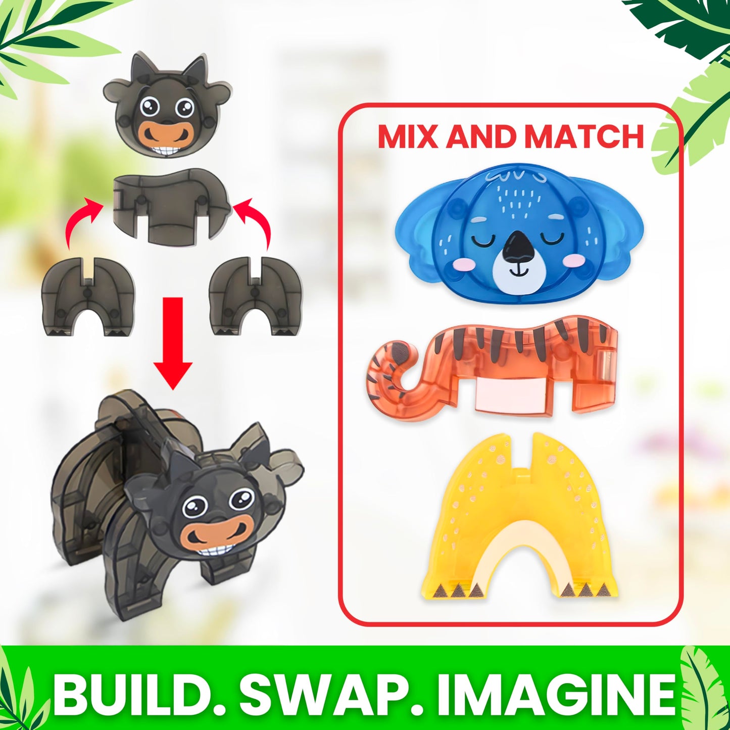 Playmags Animal Safari Magnetic Tiles for Kids - 42 Piece Set | Stacking & Building Blocks for Toddlers | Educational STEM Toy & Jungle Animal Figures