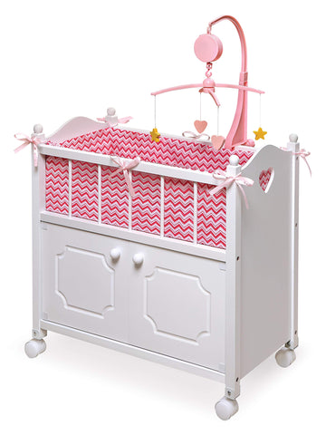 Badger Basket Wooden Toy Doll Bed with Storage, Mobile, and Bedding - Includes Wheels and Free Personalization Kit to Pretend and Play - White