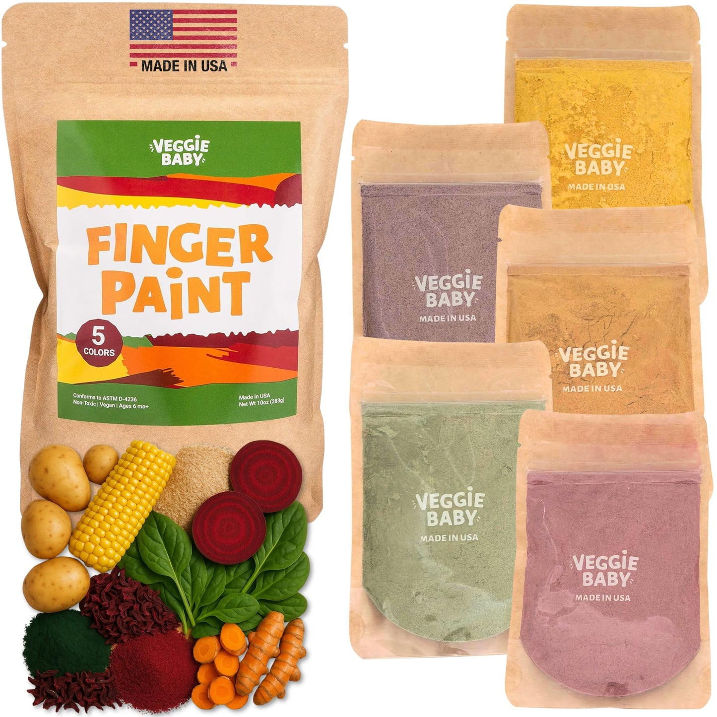 Veggie Baby Edible Finger Paint for Babies - Non Toxic Baby Safe Paint Powder, 5 Pouches, Vegan Vegetable Colors, Easy Clean, Made in USA, Creative