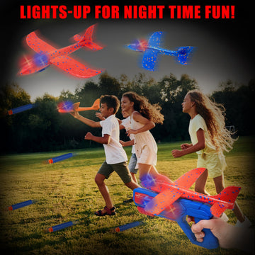 Kiddie Play Airplane Launcher Toy for Kids, 3 LED Foam Gliders & 20 Darts
