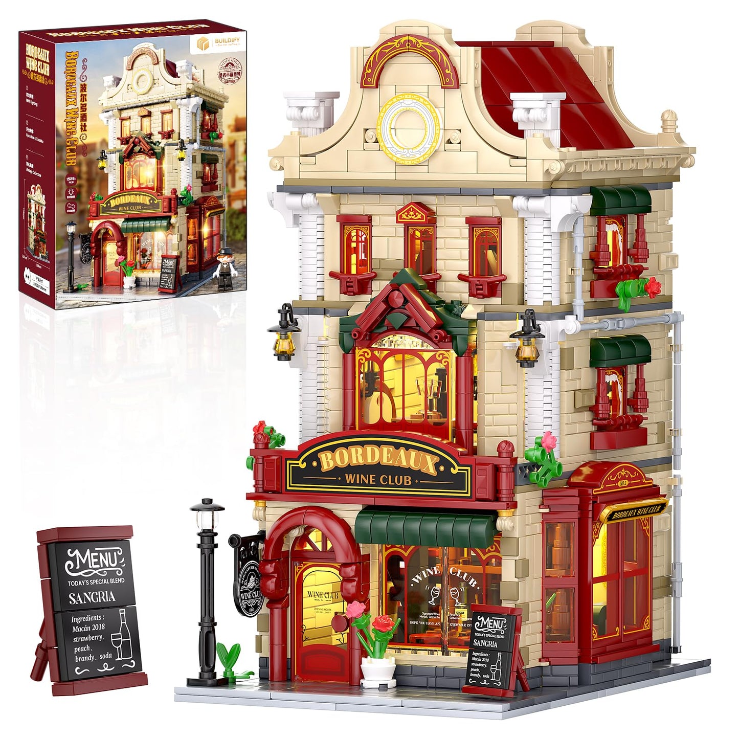 Bordeaux Wine Club Construction Building Set with LED Lights, City Town Winery Chateau House Building Kit, Vintage Collectible Model, Creative