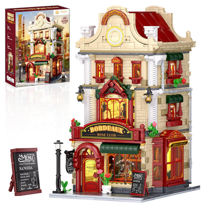Bordeaux Wine Club Construction Building Set with LED Lights, City Town Winery Chateau House Building Kit, Vintage Collectible Model, Creative