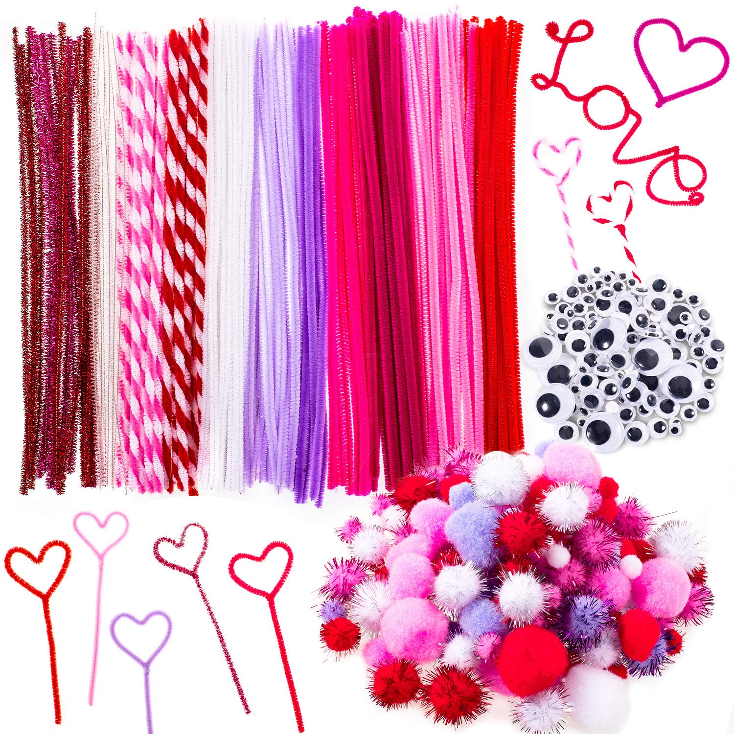 Whaline 500Pcs Valentine Pipe Cleaners Set, Including 160Pcs Craft Chenille Stems, 180Pcs Multi Sized Wiggle Eyes and 160Pcs Multi Sized Pompoms