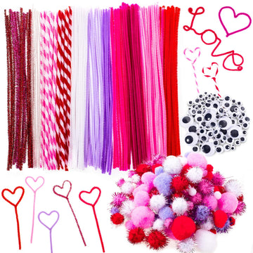 Whaline 500Pcs Valentine Pipe Cleaners Set, Including 160Pcs Craft Chenille Stems, 180Pcs Multi Sized Wiggle Eyes and 160Pcs Multi Sized Pompoms