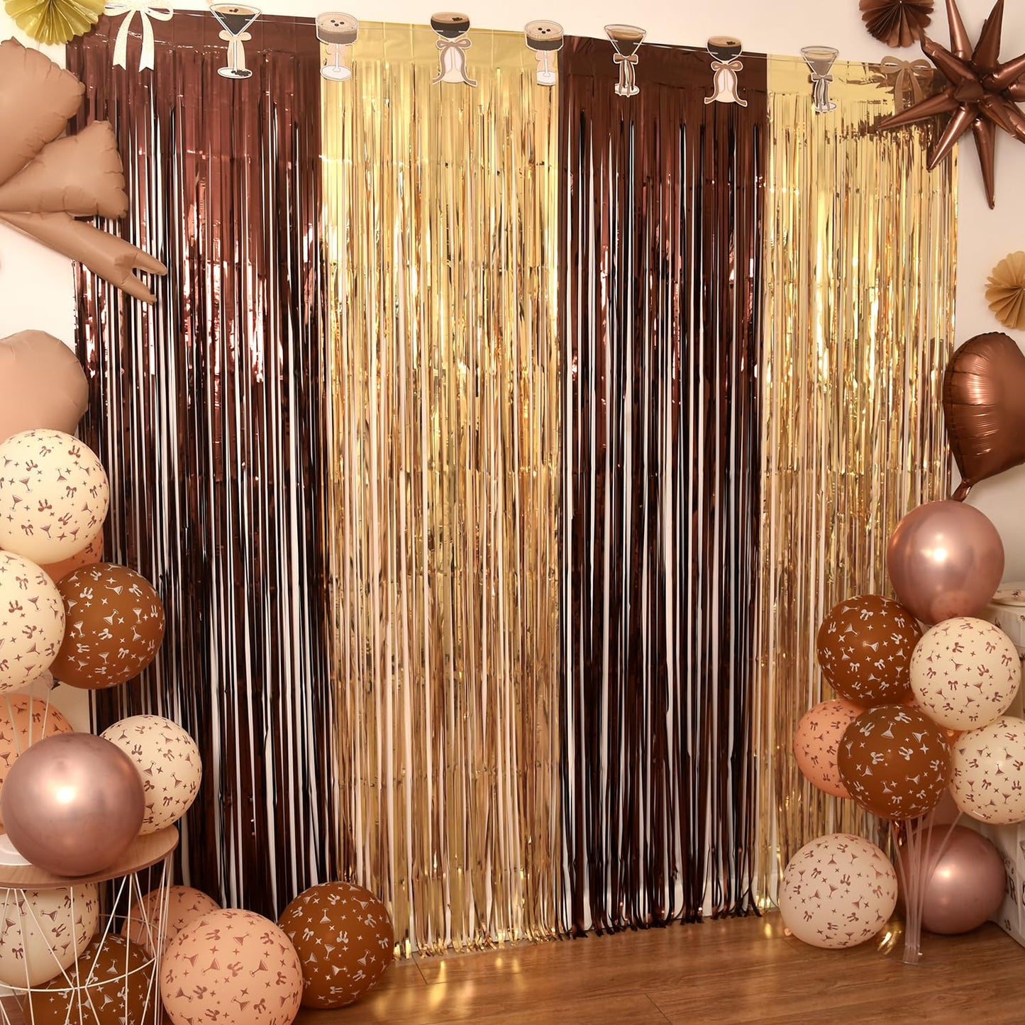 Espresso Martini Decorations, 2 Pack Tini Bit Older Birthday Party Photo Booth Prop, Brown Gold Fringe Curtains Photo Streamers Backdrop for Love Is