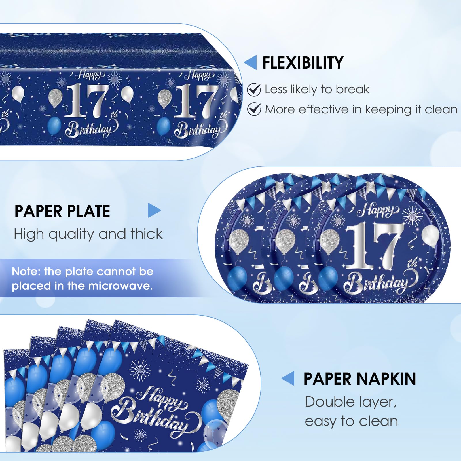 41 PCS 17th Birthday Decorations for Boys Girls Disposable Blue Sliver 17 Year Old Tableware Happy 17th Birthday Dessert Plates Napkins Tablecloth Set