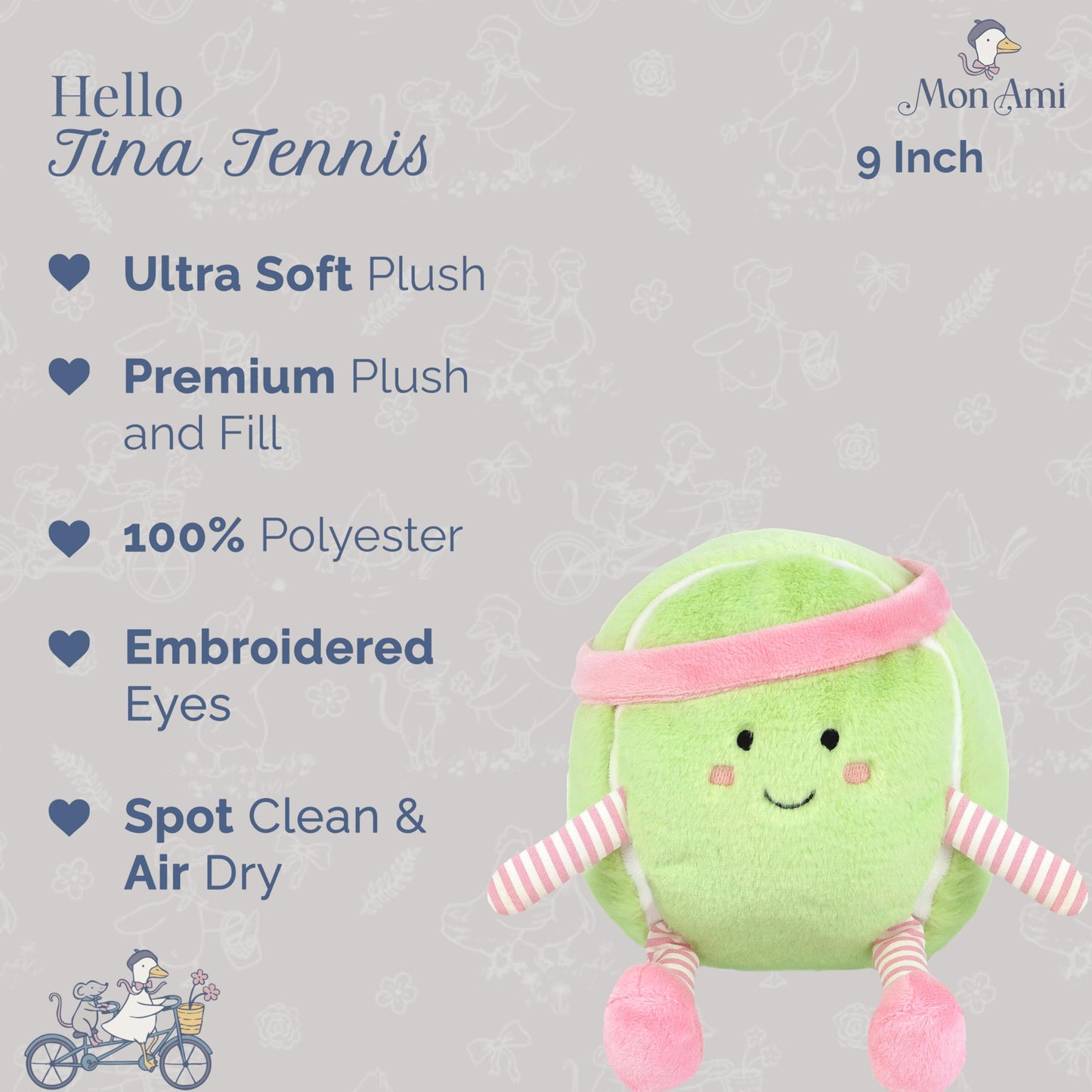 MON AMI Tina Tennis Ball 9-Inch Sports Plush Toy, Soft Stuffed Toy Gift