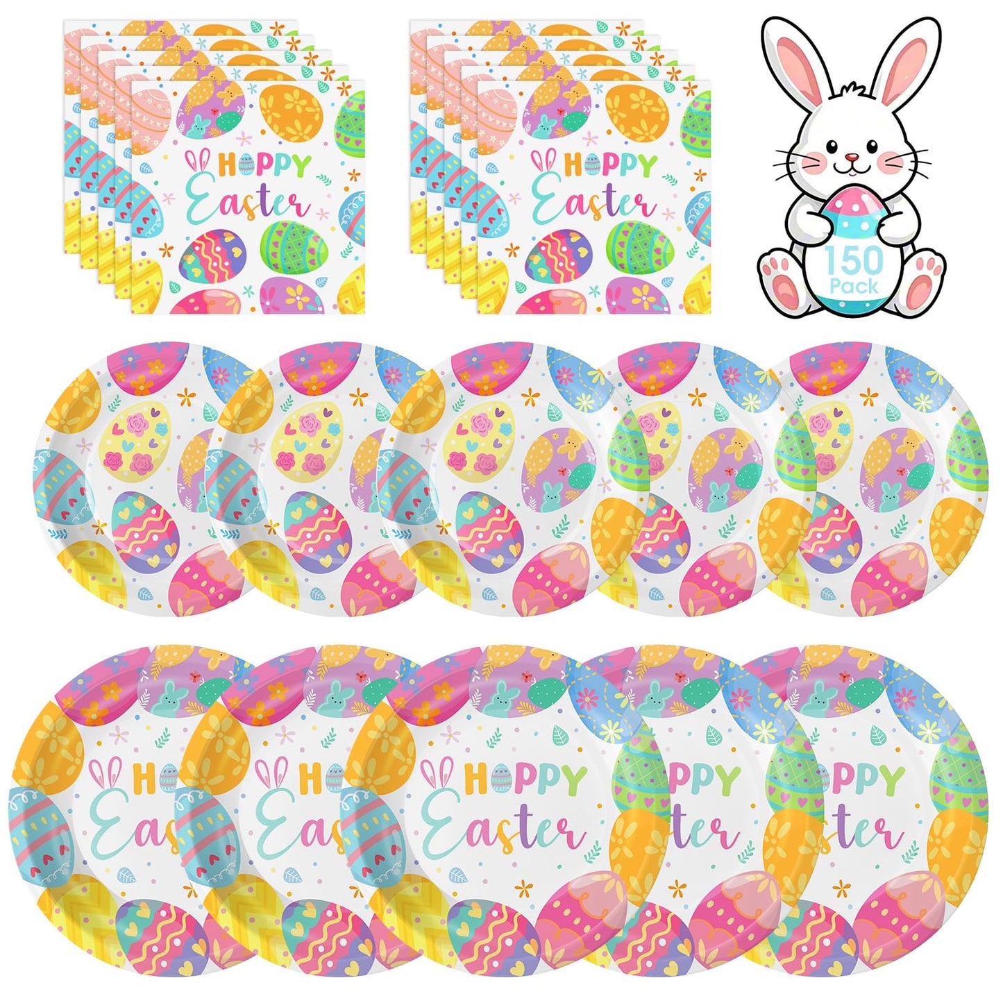 150 Pack Easter Party Supplies Set, Happy Easter Dinnerware Set Includes Heavy Duty Dessert Dinner Plates and Luncheon Napkins for Spring Birthday