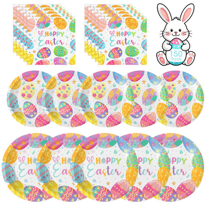 150 Pack Easter Party Supplies Set, Happy Easter Dinnerware Set Includes Heavy Duty Dessert Dinner Plates and Luncheon Napkins for Spring Birthday