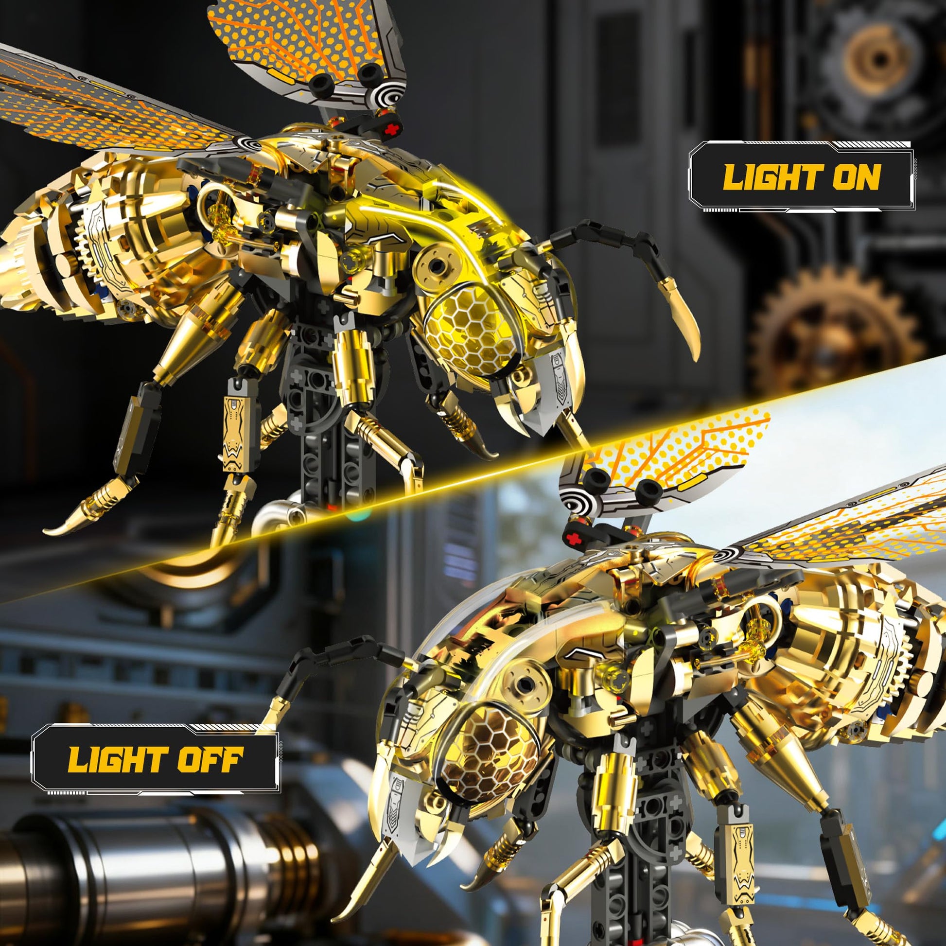 Driveplexpro Mechanical Bee Building Blocks Kit for Adult, Technic Bee Buildings Set for Adults with LED Light & Display Stand, Robot Animal Building