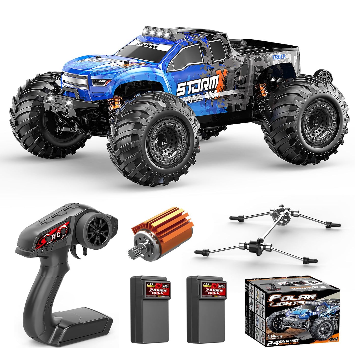 Cirmine RC Cars 1:14 All Terrain Off-Road RC Truck, 4WD Fast Remote Control Car 40 KM/H, 4X4 Waterproof Monster Truck with 2×1300mAh Batteries, Metal