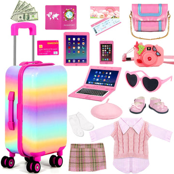WONDOLL American 18-inch-Doll-Clothes and Accessories Girl-Travel-Suitcase Luggage,Clothes and Shoes, Bag, Sunglasses, Camera, Passport, Notebook