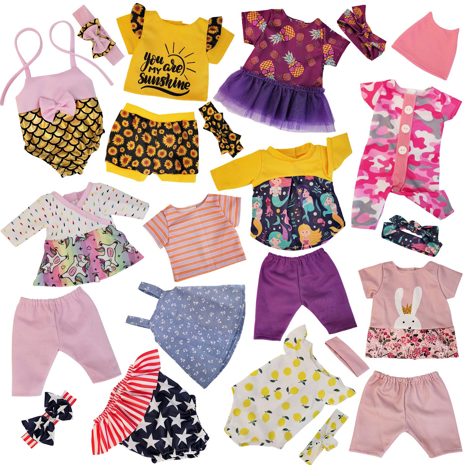 Windolls 10 Sets 14-16 Inch Baby Doll Clothes Dress Outfits Headbands Accessories fits New Born 15 inch Baby Doll