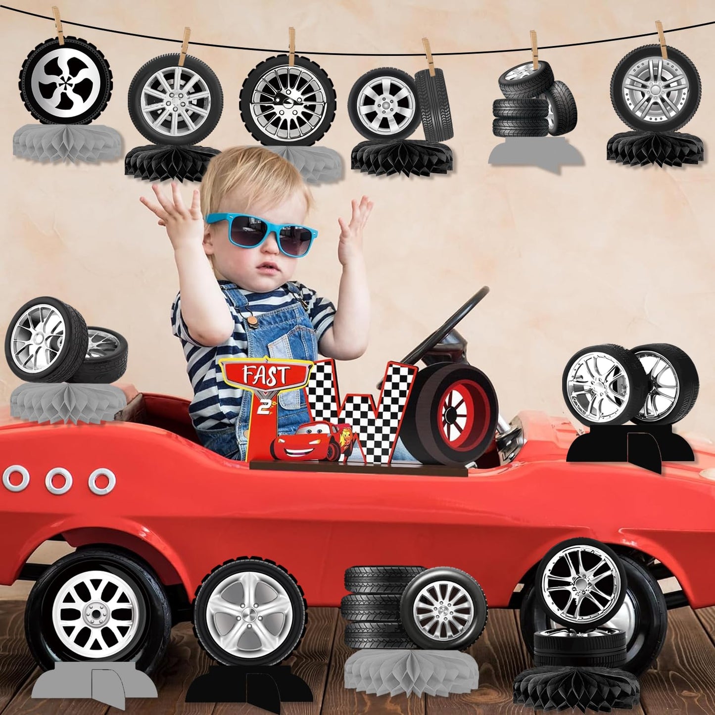 12Pcs Race Car Centerpieces for Tables - Classic Car Birthday Decorations Classic Car Party Decorations Wheel Tire Centerpieces Decor for Car Themed