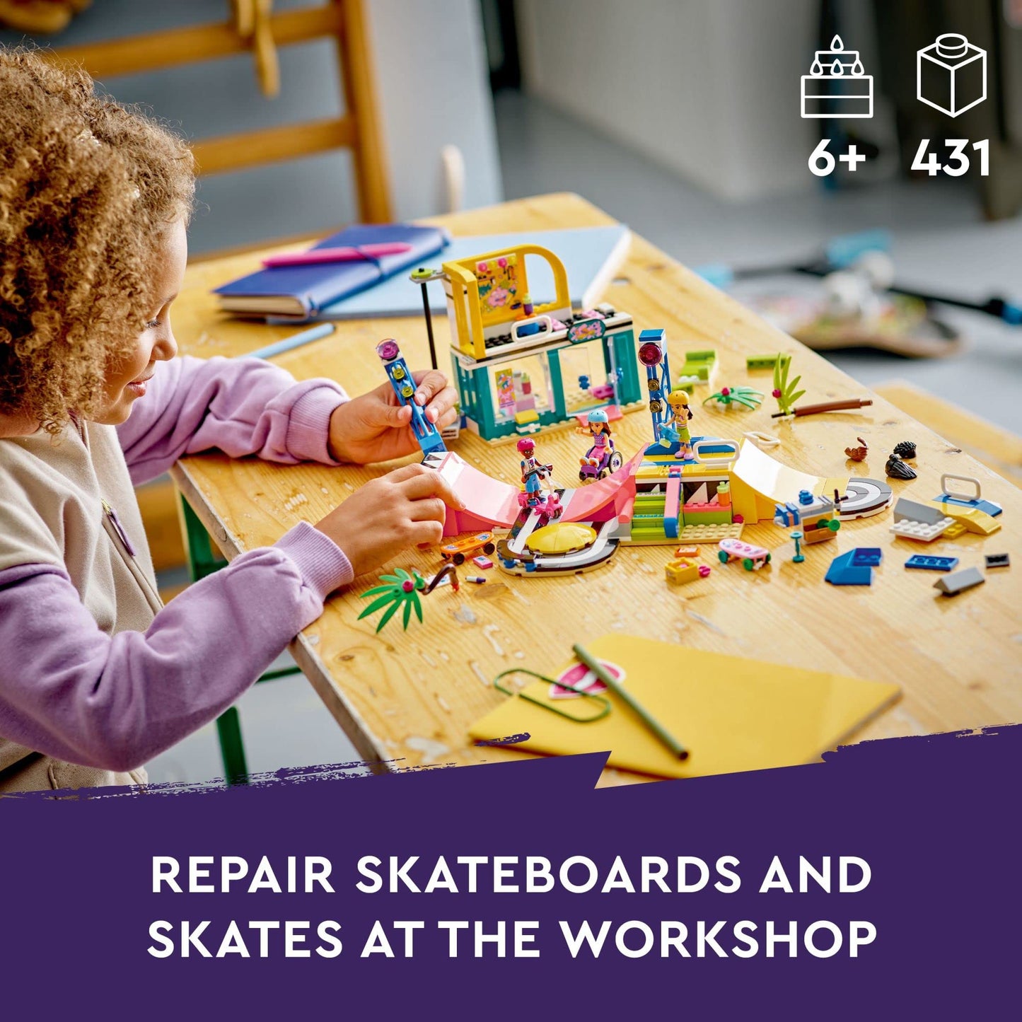 LEGO Friends Skate Park Set 41751, Skateboard Toys for Girls and Boys Ages 6 Plus, Mini-Doll Playset with Toy Scooter and Wheelchair, Birthday Gift