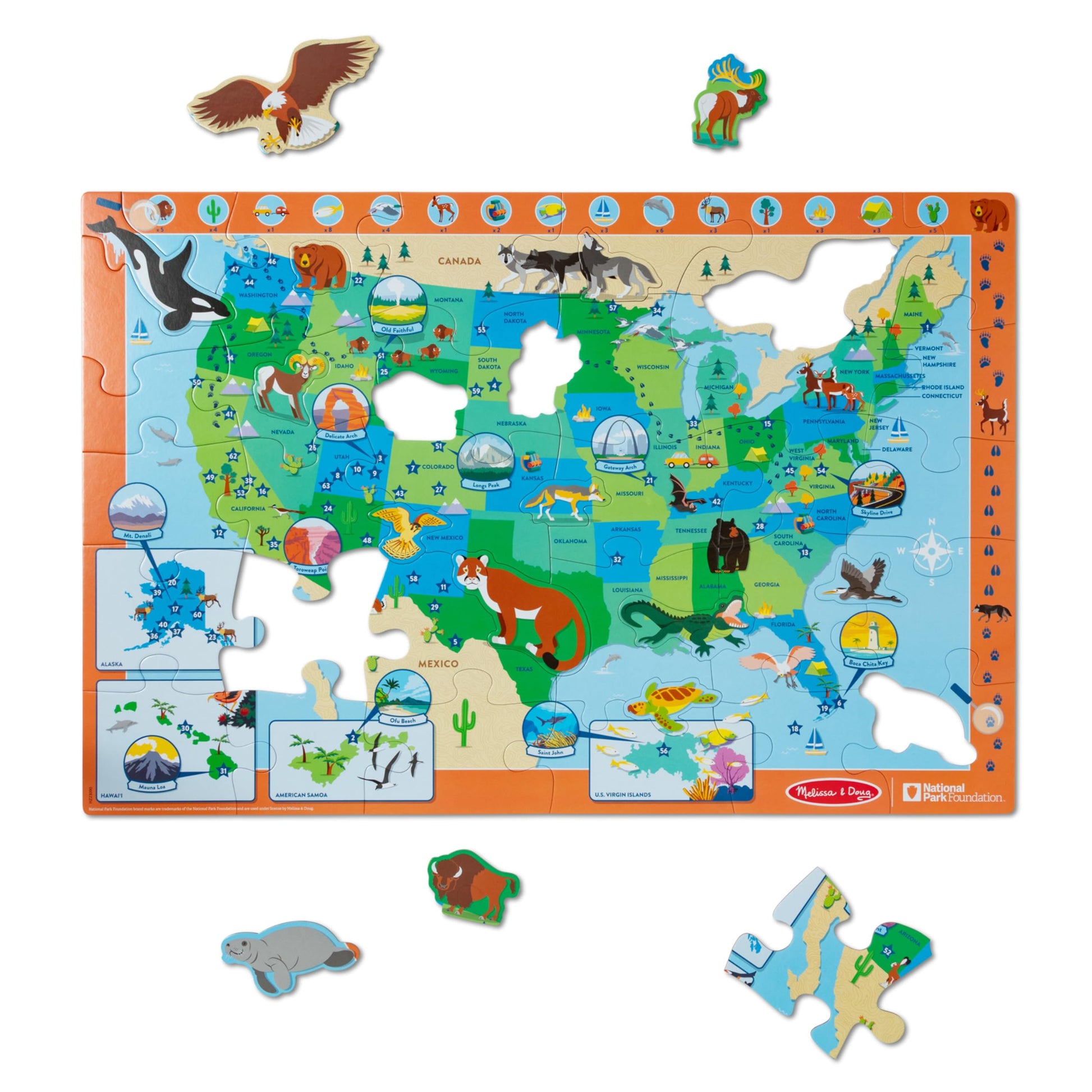 Melissa & Doug National Parks U.S.A. Map Floor Puzzle - 45 Jumbo and Animal Shaped Pieces, Search-and-Find Activities, Park and Animal ID Guide - FSC