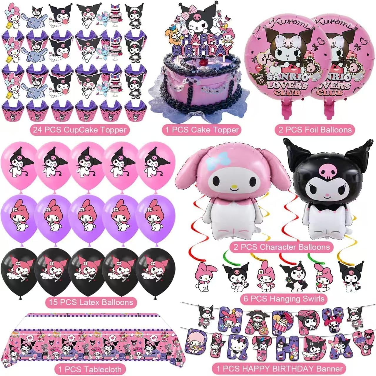 HANISNA 52PCS Kuromi Birthday Party Supplies, Party Decorations Set Include Banner, Balloons, Hanging Swirls, Cake Cupcake Toppers, Tablecloth