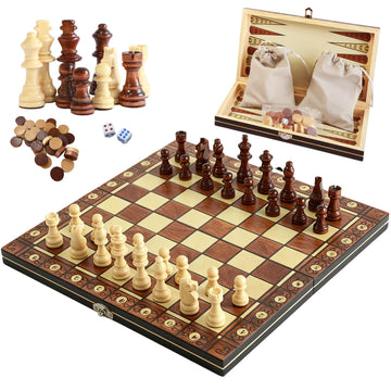 Luoyer 3-in-1 Chess Set Include Chess Checkers Backgammon 11 inch Wooden Board Game Set with Foldable Portable Case for Adults Travel Outdoor
